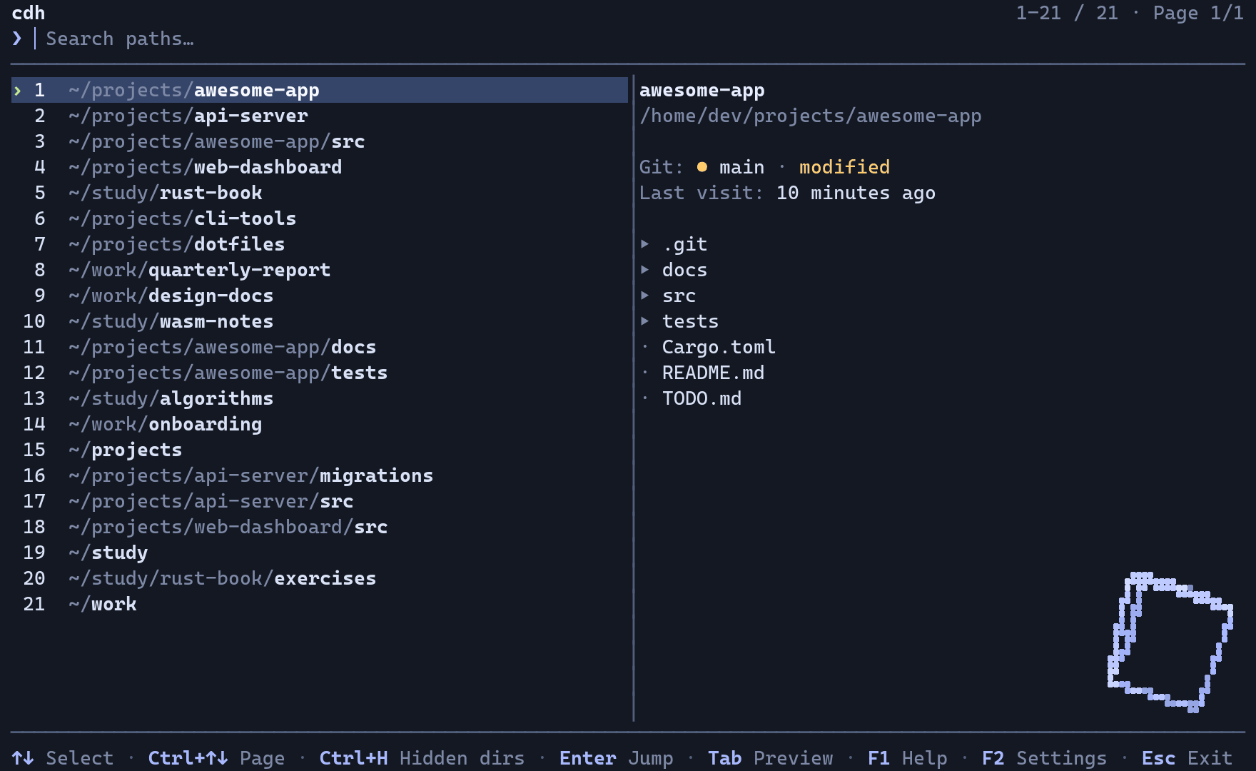 The cdh picker in a 110-column terminal: a search prompt above a list of 21 ranked directories with ~/projects/awesome-app selected, a preview pane showing its git branch, last visit and contents, and a keybinding hint bar along the bottom.